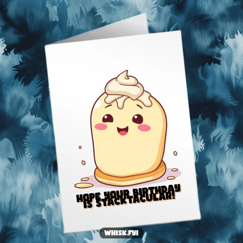 Funny Free Printable Birthday Card: Happy pancake attempting to flip itself with frosting splatters, comical and energetic, a unique downloadable gift.