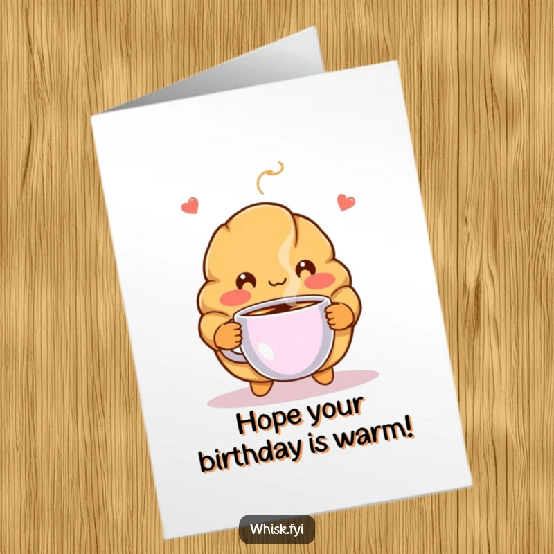 Funny Free Printable Birthday Card: A blushing croissant character shyly offering a steaming cup of coffee for a warm wish.
