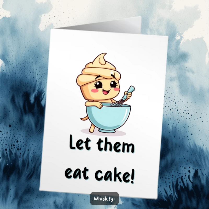 Funny Free Printable Birthday Card: A smiling cupcake character energetically whisks a bowl of batter, ready to bake up some birthday fun.