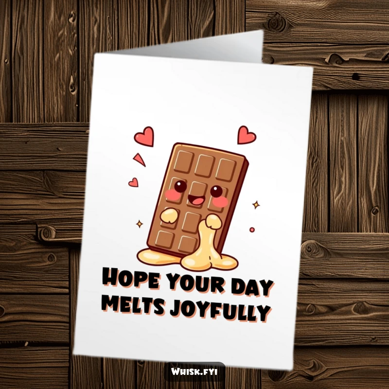 Funny Free Printable Birthday Card: A kawaii chocolate bar melts contentedly with a happy sigh, embodying birthday relaxation.