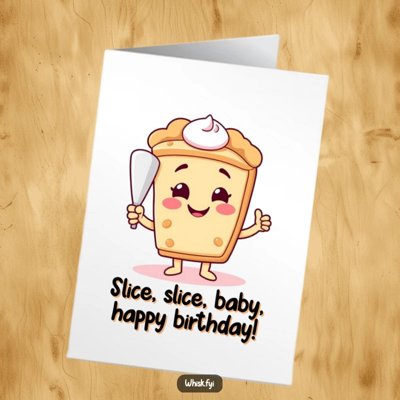 Funny Free Printable smiling slice of pie offering a piping bag for a birthday card, sweet and humorous downloadable art.