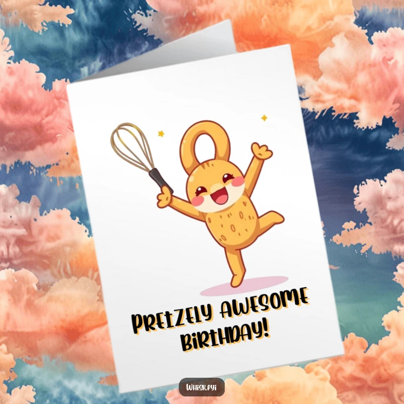 Funny free printable birthday card featuring a silly pretzel doing a somersault with a whisk, celebrating a birthday with flair.