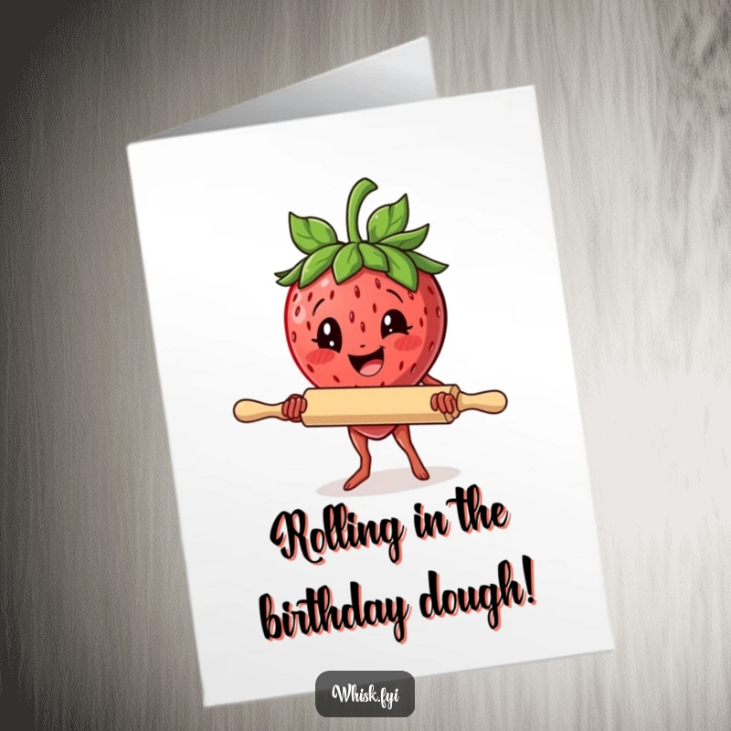 Funny Free Printable Birthday Card: A delighted strawberry wields a rolling pin with intense focus, ready for baking fun.