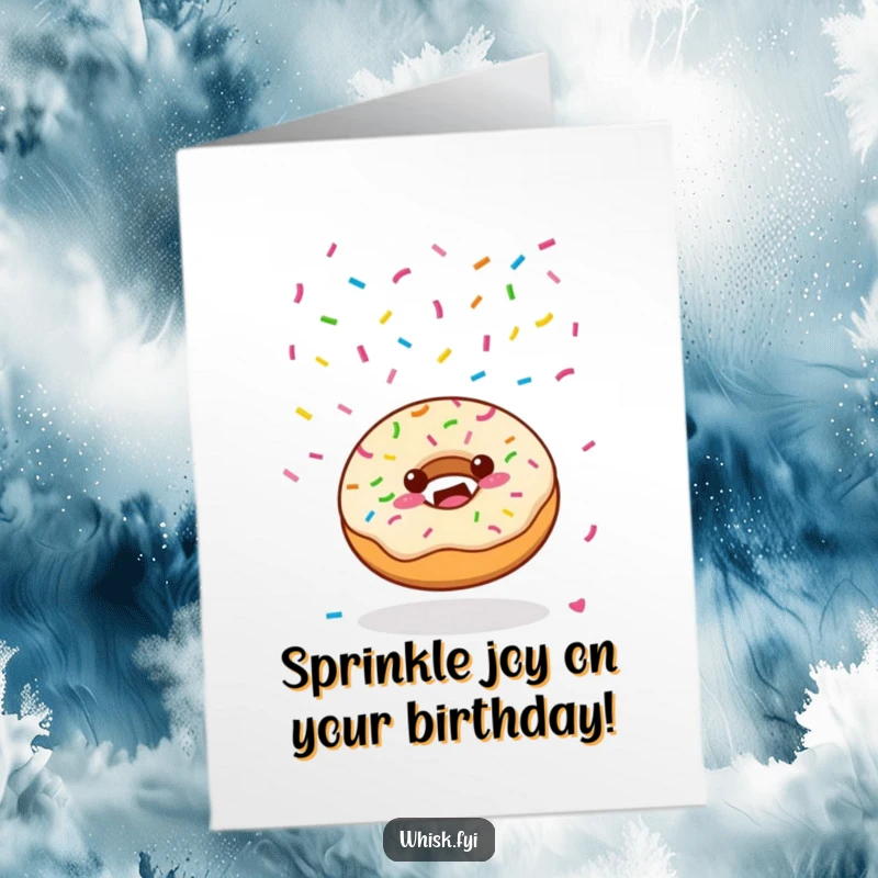 Funny Free Printable Birthday Card Joyful Kawaii donut raining colorful sprinkles from above, celebrating a sweet occasion.