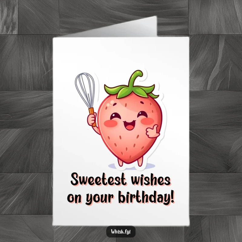 Funny Free Printable Birthday Card: A smiling strawberry character playfully holds a whisk, ready for a sweet celebration.