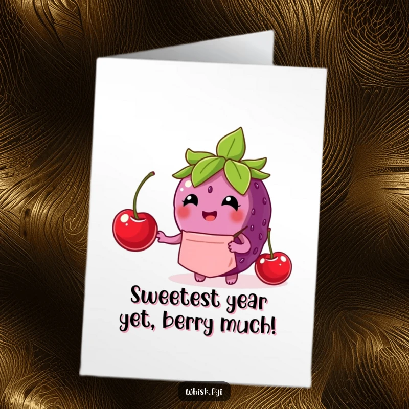 Funny Free Printable Birthday Card: A delighted berry in an apron carefully crowns a cake with a cherry.