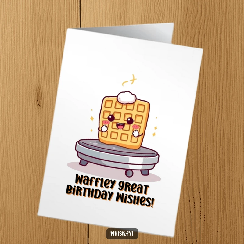 Funny free printable birthday card showing a determined waffle bravely facing a hot griddle, celebrating with courage.