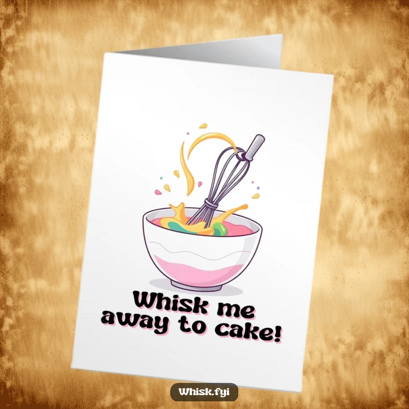 Funny Free Printable birthday card: a giggling whisk spinning wildly in a bowl of colorful batter, baking theme.