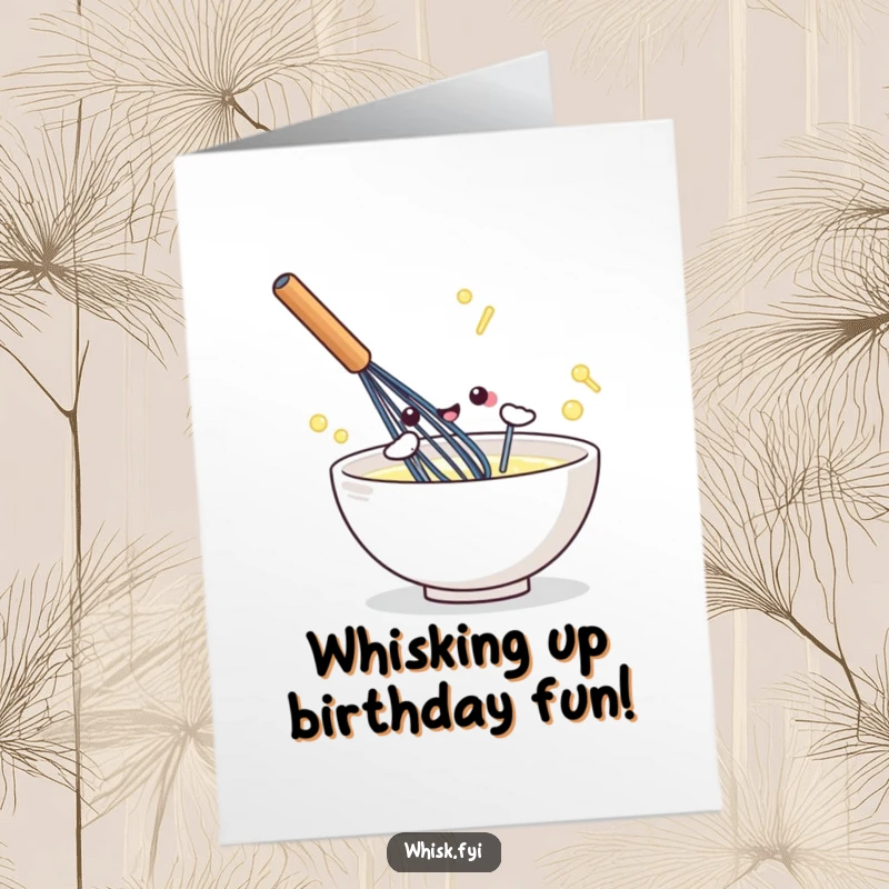 Funny Free Printable Birthday Card: Energetic kawaii whisk happily stirring a bowl, perfect for a fun greeting.