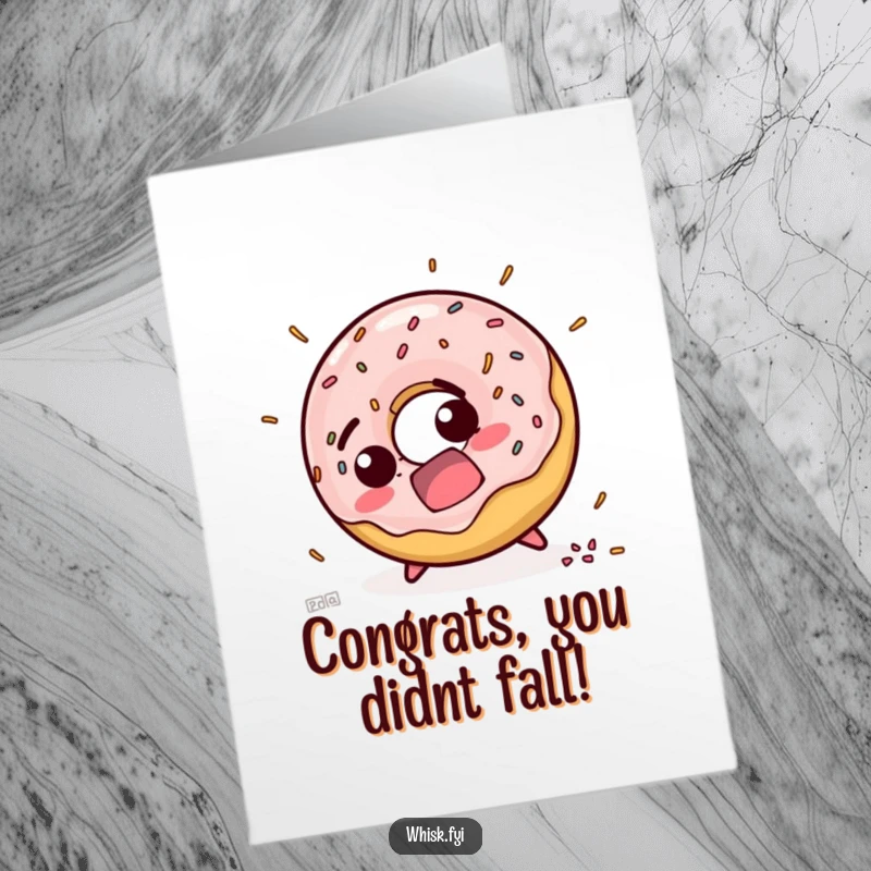 Funny Free Printable Congratulations Card: A startled donut character scattering sprinkles as it trips, perfect for celebrating resilience.