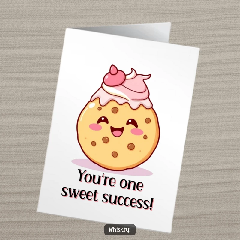 Funny Free Printable Congratulations Card: A kawaii cookie happily adds icing to itself with a flourish, symbolizing sweet accomplishment, available for download.