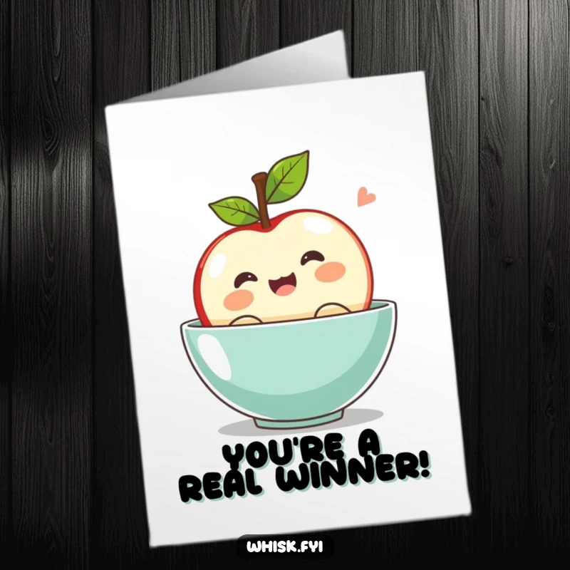 Funny Free Printable Congratulations Card: A kawaii apple bobbing with pure excitement in a bowl, symbolizing joyful celebration and success, available for download.