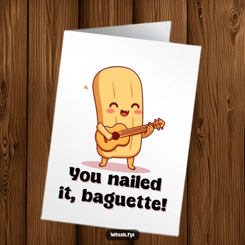 Funny Free Printable Baguette Congratulations Card: a delighted baguette character passionately playing a miniature pastry guitar.