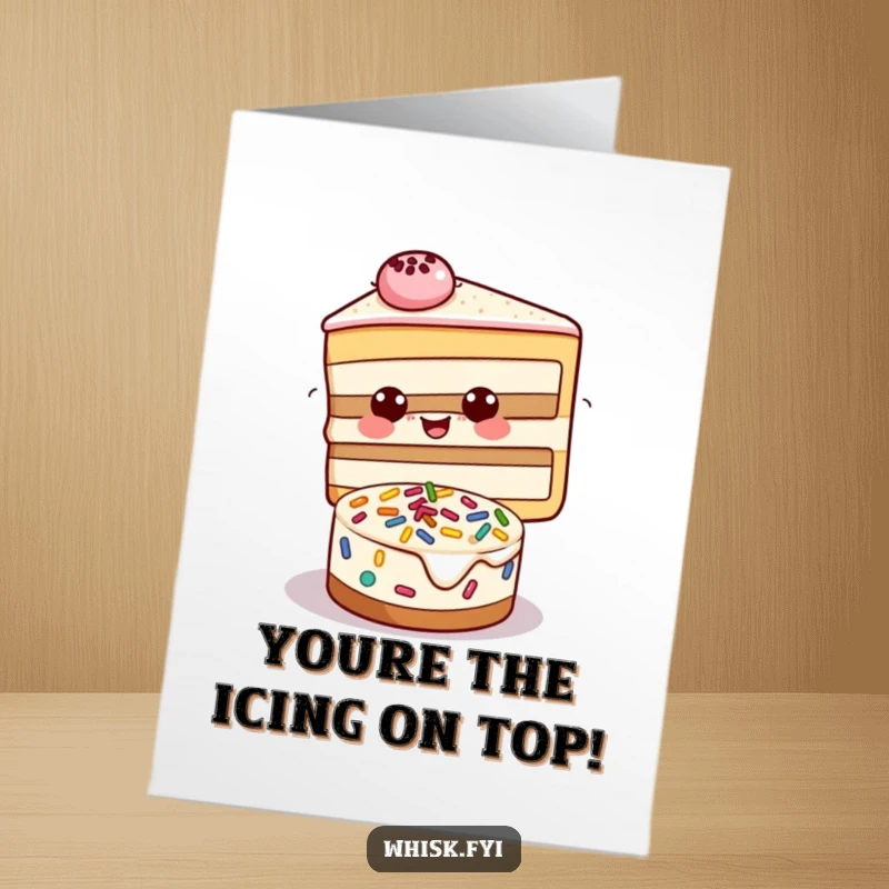 Funny Free Printable Congratulations Card featuring a beaming slice of cake adding sprinkles to a smaller cake, celebrating sweet success.