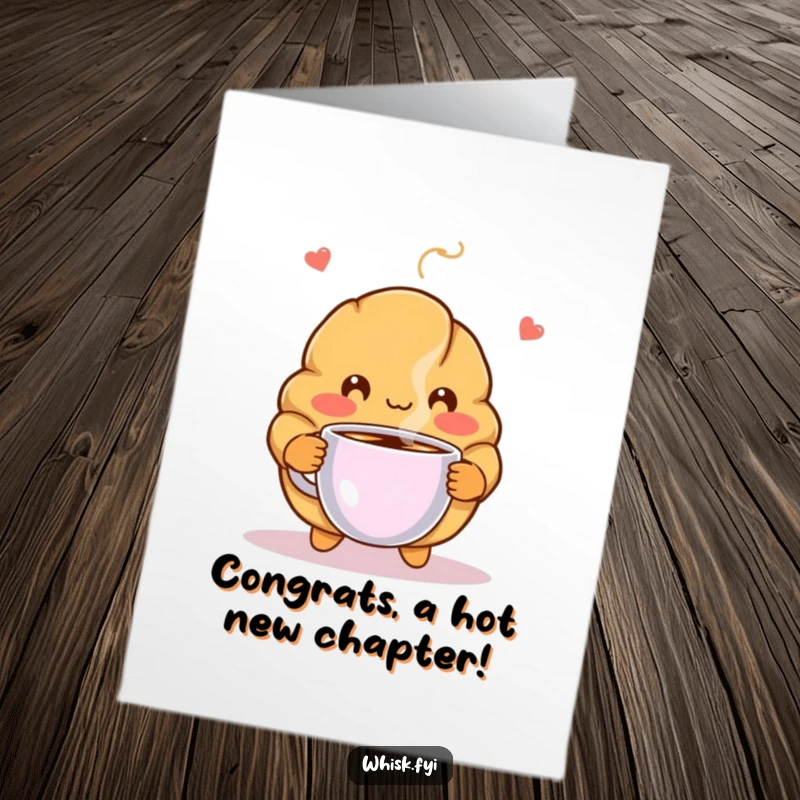 Funny Free Printable Congratulations Card: A blushing croissant character presenting a steaming cup of coffee, a warm congratulatory gesture.