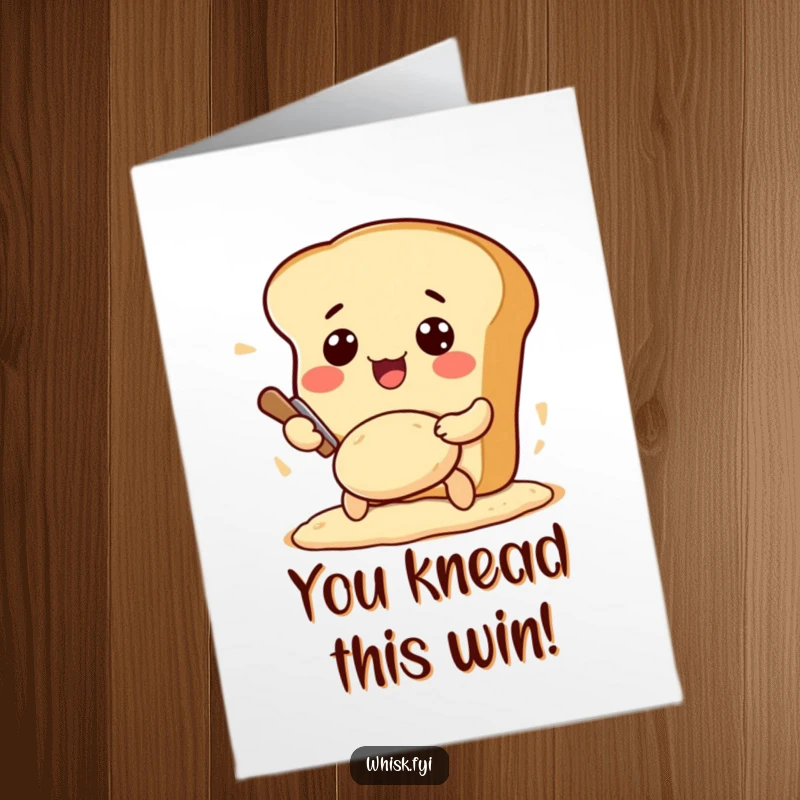 Funny Free Printable Congrats card with an excited Kawaii bread loaf character happily kneading dough, celebrating a successful achievement.