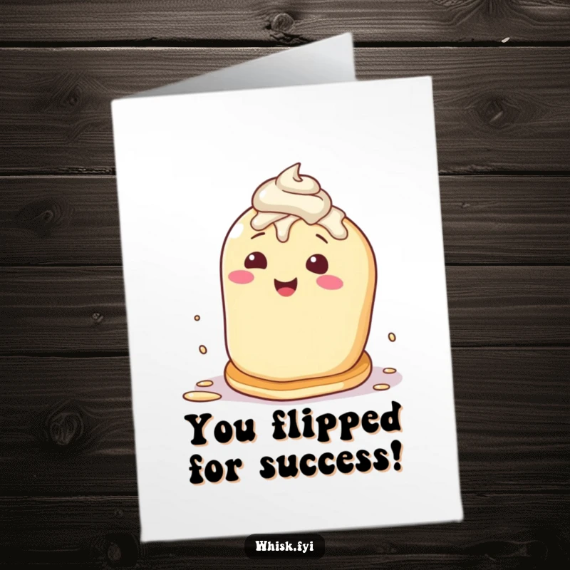 Funny Free Printable Congratulations Card: Pancake mid-flip with frosting flying, representing bold action, a great downloadable gift.