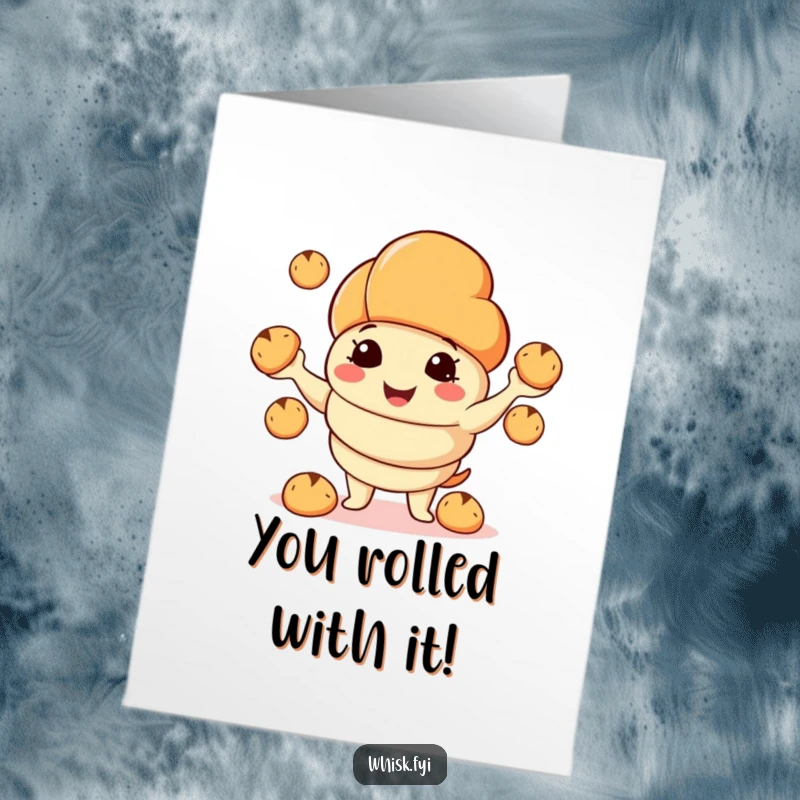 Funny Free Printable Congratulations Card: Croissant juggling bread rolls with a smile, representing success, a great downloadable gift.