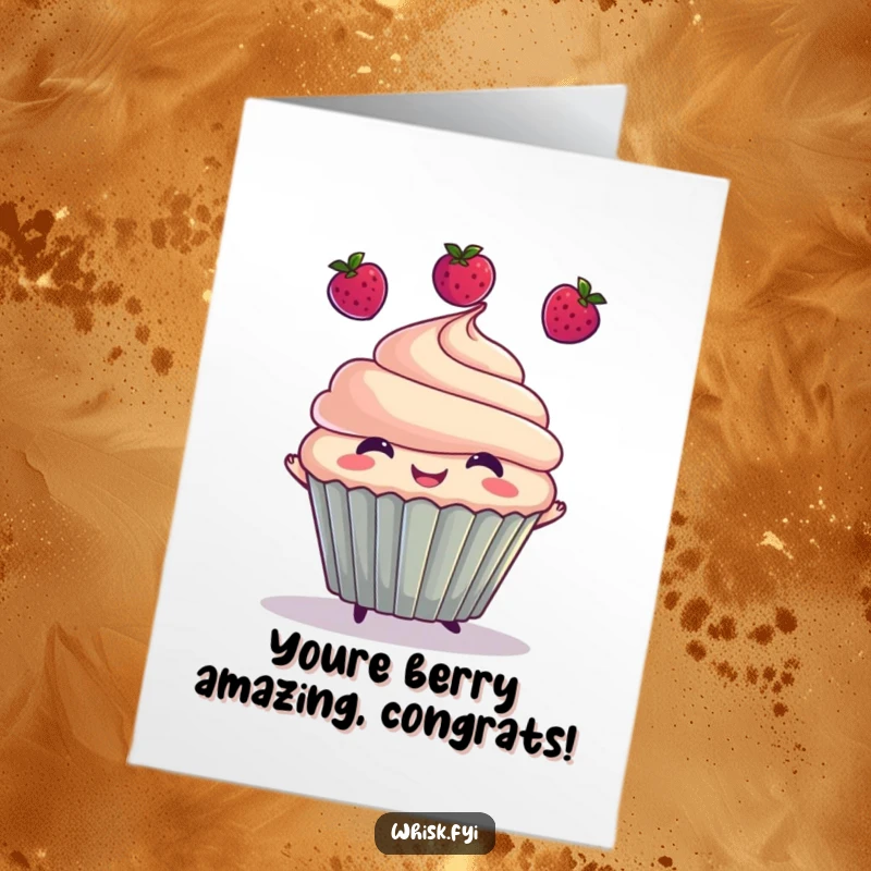 Funny Free Printable Congratulations Card: A smiling cupcake character expertly juggling three tiny berries, celebrating your big win.