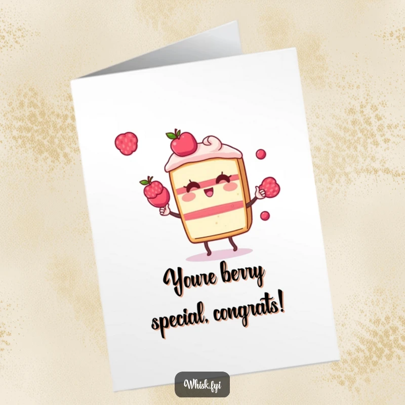 Funny Free Printable Congrats card with a playful Kawaii cake slice character juggling colorful berries, celebrating a sweet victory.