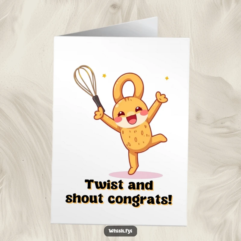 Funny free printable congratulations card with a pretzel doing a joyful somersault using a whisk, celebrating a big success.