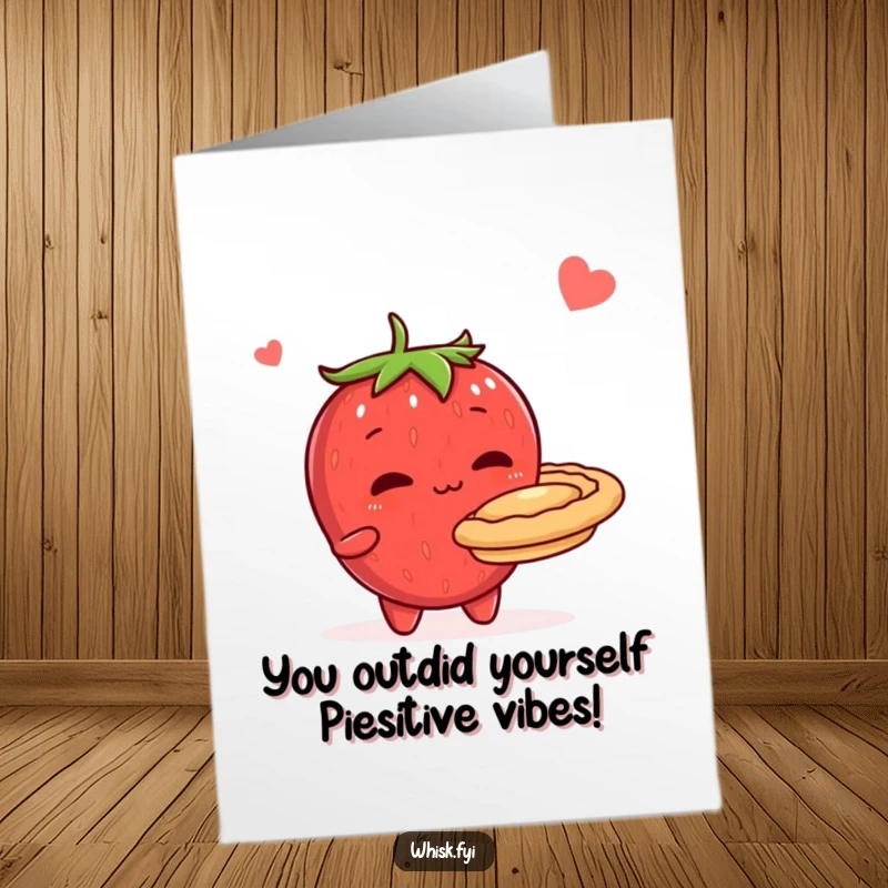 Funny free printable congratulations card of a shy, blushing strawberry character presenting a flawlessly baked pie to celebrate.