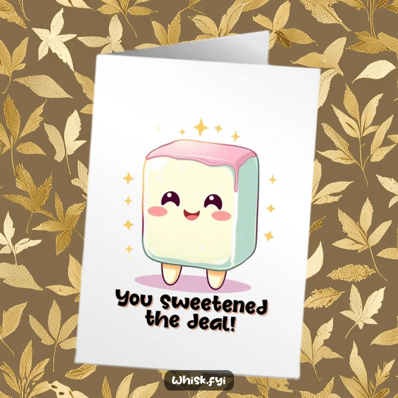 Funny free printable congratulations card of a radiant, smiling sugar cube character sparkling brilliantly after a joyful mixing process.