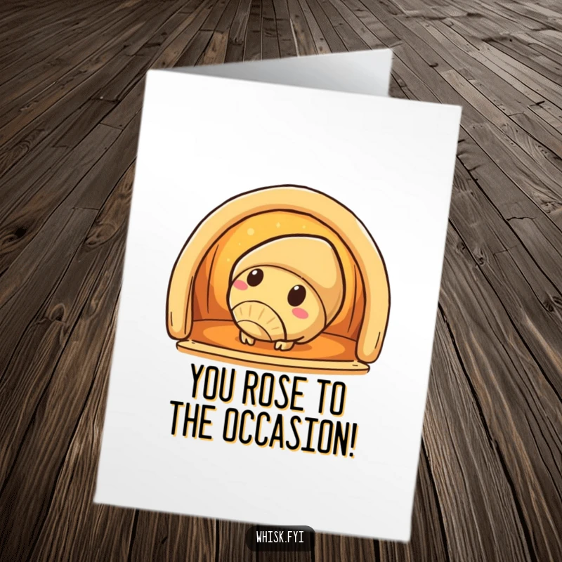 Funny Free Printable Congratulations Card: A curious croissant peeks into a warm oven, celebrating a perfectly baked success.