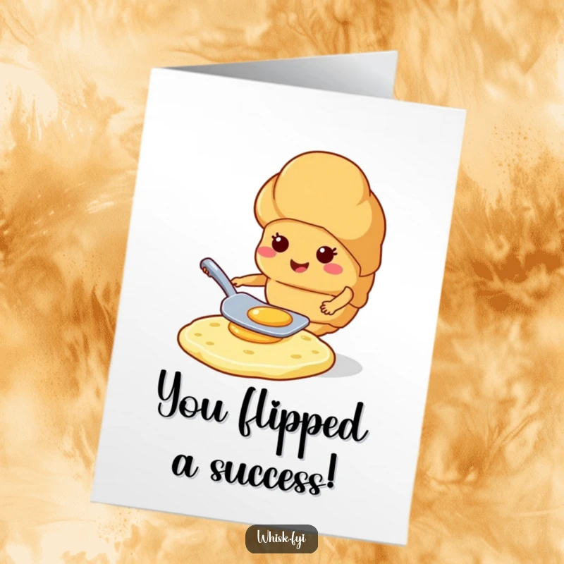 Funny free printable congratulations card: A smiling croissant expertly flips a pancake, celebrating a successful culinary feat.