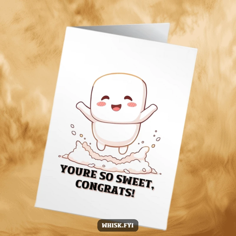 Funny Free Printable Congrats Card: Giggling white marshmallow person happily jumping into flour, celebrating achievements.