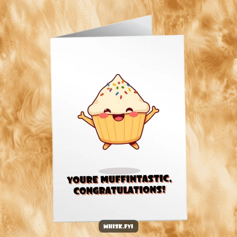 Funny Free Printable Congratulations Card: A cheerful muffin celebrates with an energetic jump, perfect for acknowledging achievements.