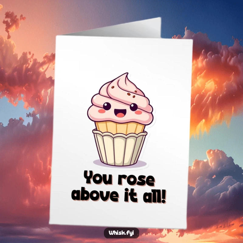 Free Printable Congratulations Card: Energetic kawaii cupcake erupts from its liner, radiating pure congratulatory vibes and sweet success.