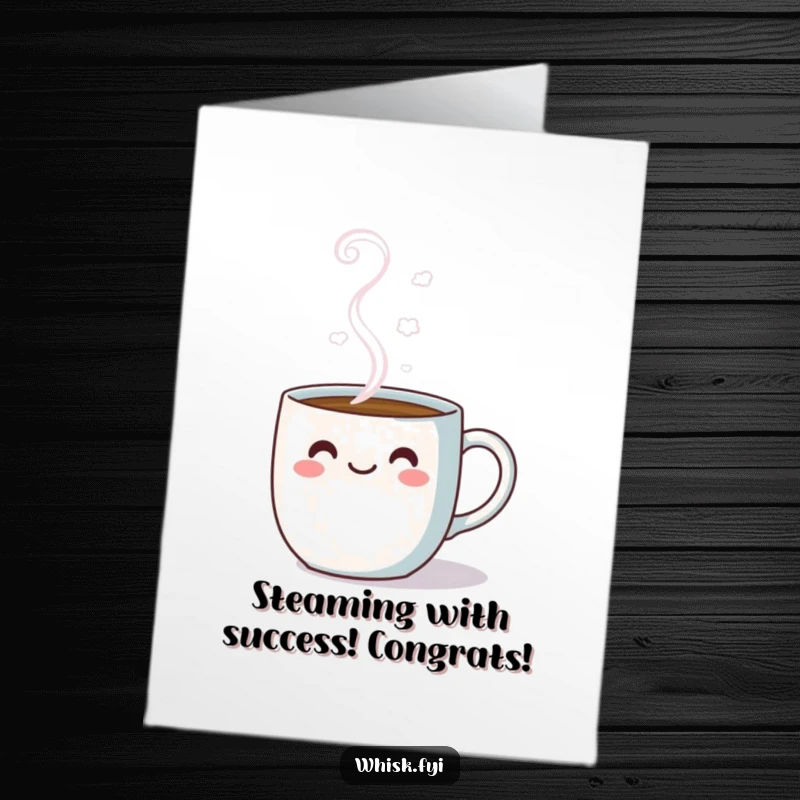 Funny Free Printable Congratulations Card: Adorable kawaii coffee mug with steam, ready to celebrate.