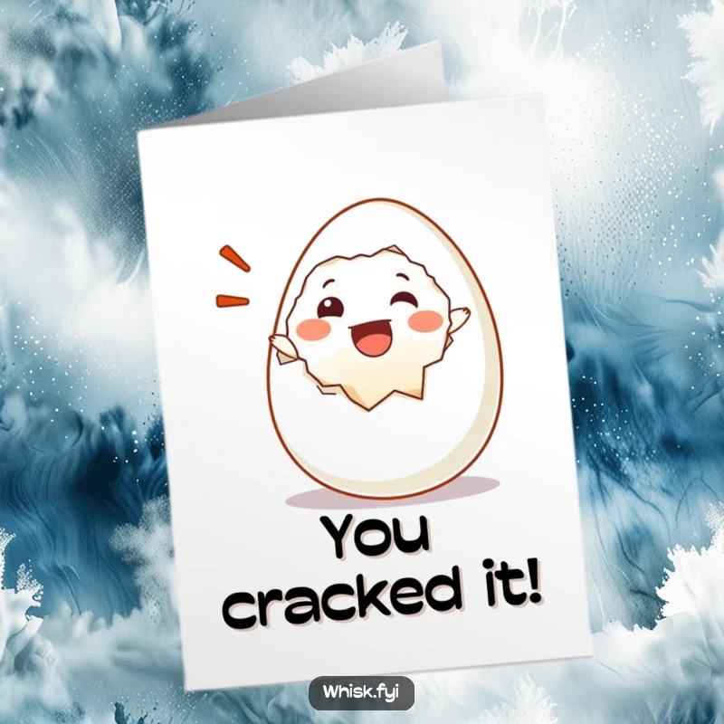 Funny Free Printable Congratulations Card: A delighted egg character bursts open with a happy exclamation, symbolizing a successful new beginning.