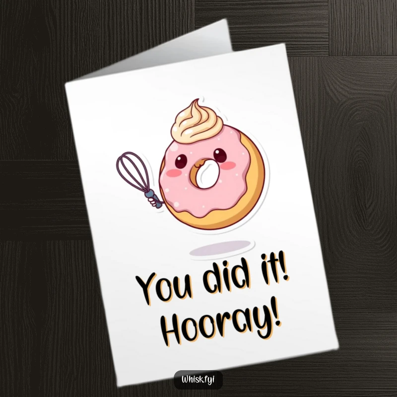 Funny Free Printable Congratulations Card: Charming donut character expertly whisking frosting, celebrating a sweet success.