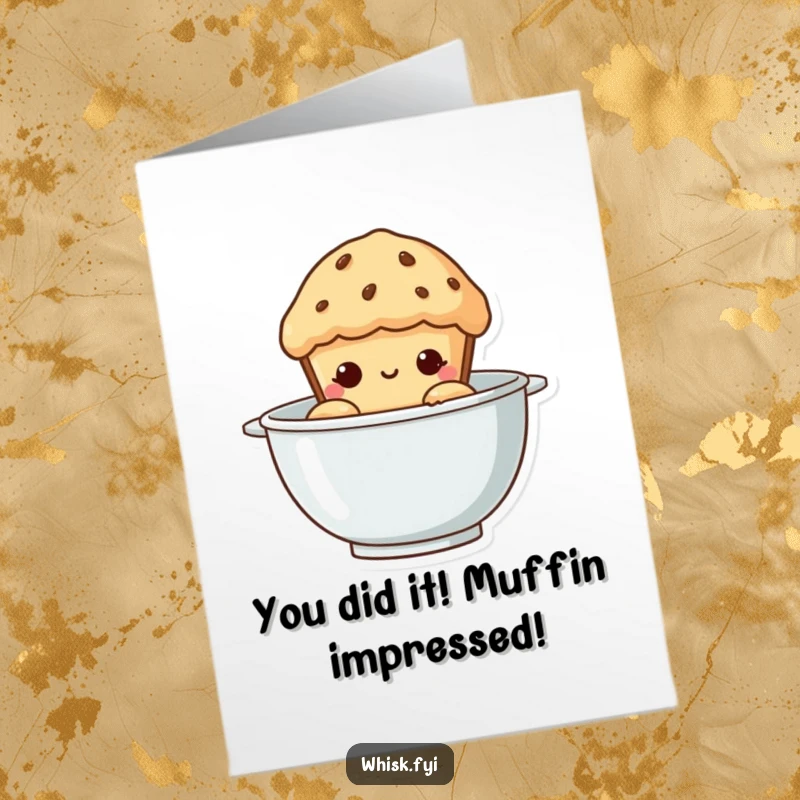 Funny Free Printable Congrats Card: A curious muffin peeking from a mixing bowl, celebrating a big achievement. Hilarious downloadable art.