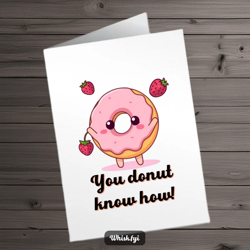 Funny Free Printable Congratulations Card: A playful donut character joyfully tosses a berry, celebrating a sweet victory with a delightful toss.