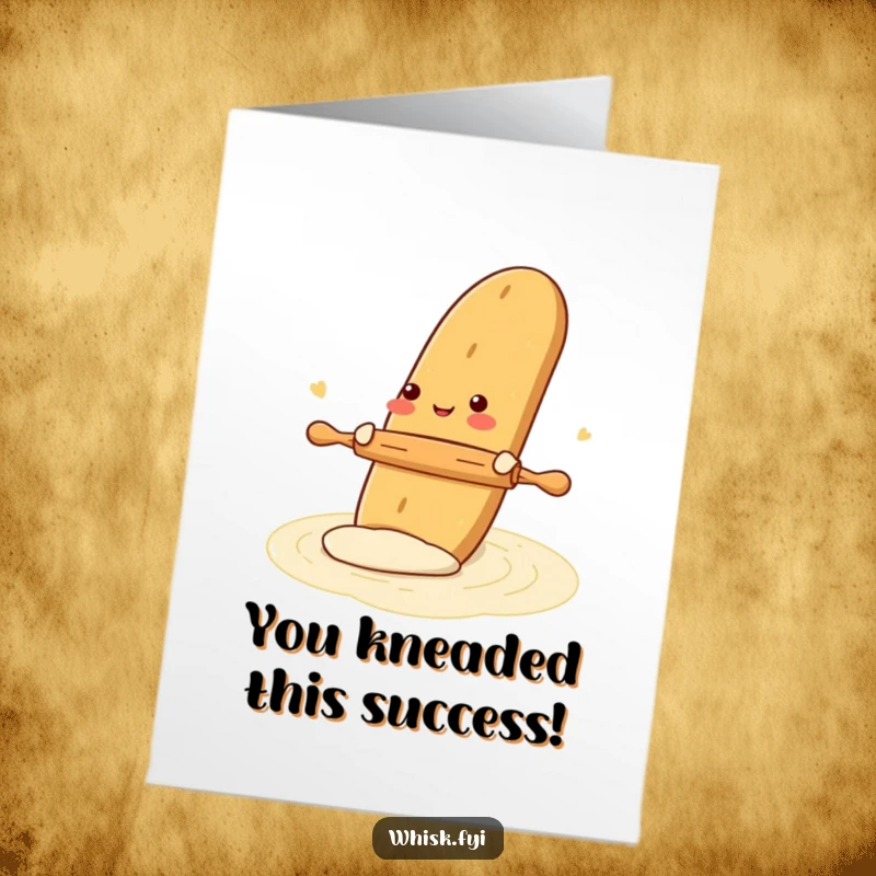 Funny Free Printable Congratulations Card: A gleeful baguette shaping dough with a small rolling pin, celebrating success deliciously.