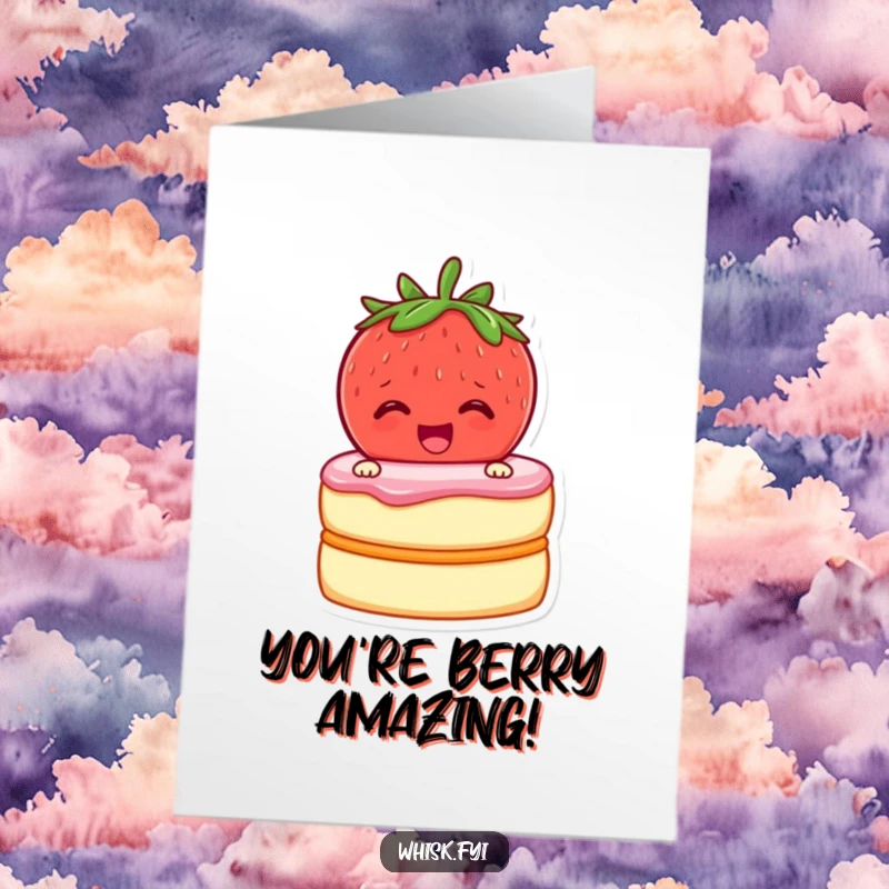 Funny Free Printable Congrats Card: Cheerful strawberry excitedly zipping two cake layers together, celebrating your big win.