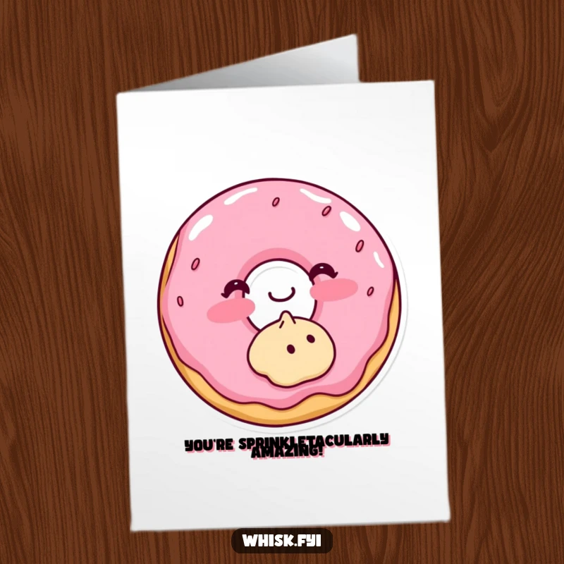 Funny free printable congratulations card with a blushing donut frosting a cookie, celebrating a sweet success.