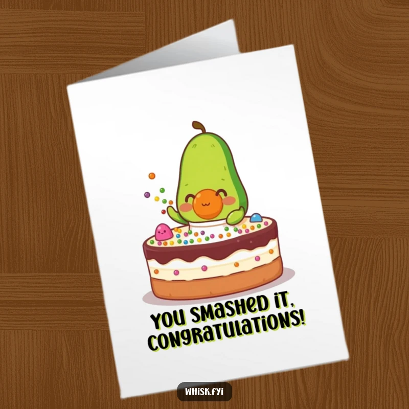 Funny Free Printable Congratulations Card: A determined green avocado character with an apron sprinkles colorful dots onto a celebration cake.