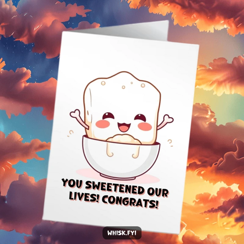 Funny free printable congratulations card showing a happy sugar cube character pouring its contents, celebrating success with a smile.