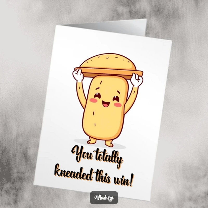 Funny free printable congratulations card showing a proud baguette character holding up a baking sheet in victory.