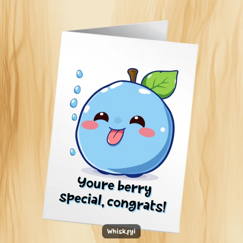 Funny Free Printable Congrats Card: Cheerful blue blueberry character catching a falling sprinkle with its tongue, celebrating success.