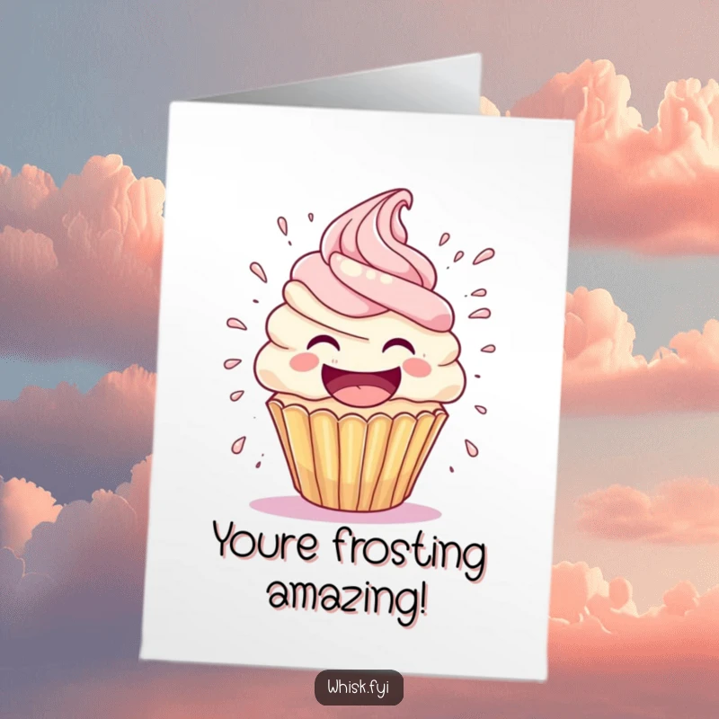 Funny Free Printable Cupcake Congratulations Card: a laughing cupcake whose frosting is blasting off its head in a comical event.