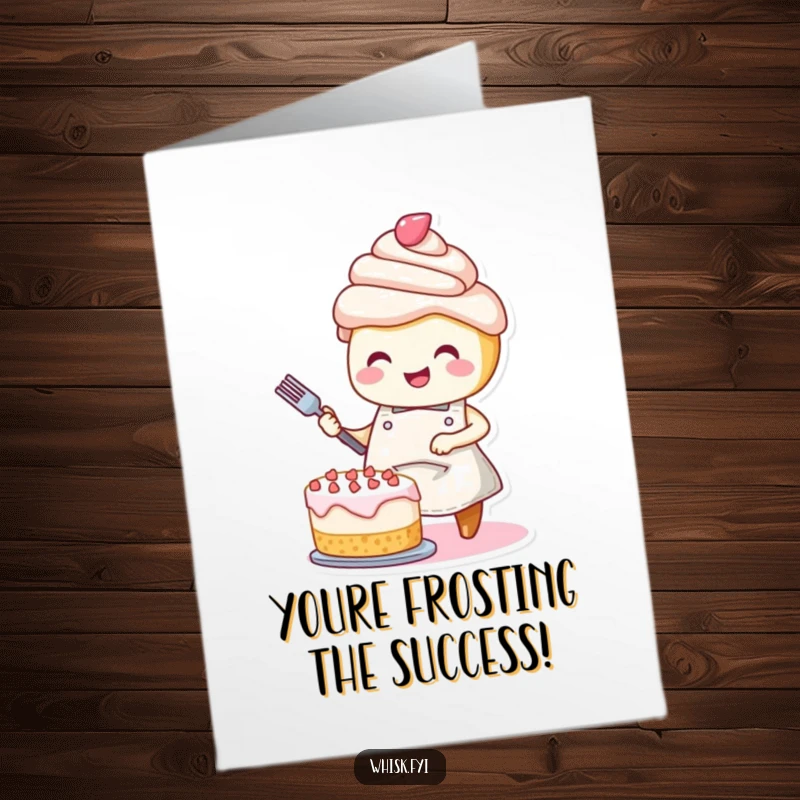 Funny Free Printable Congrats Card: A smiling cupcake in an apron joyfully decorates a cake, symbolizing a sweet victory.