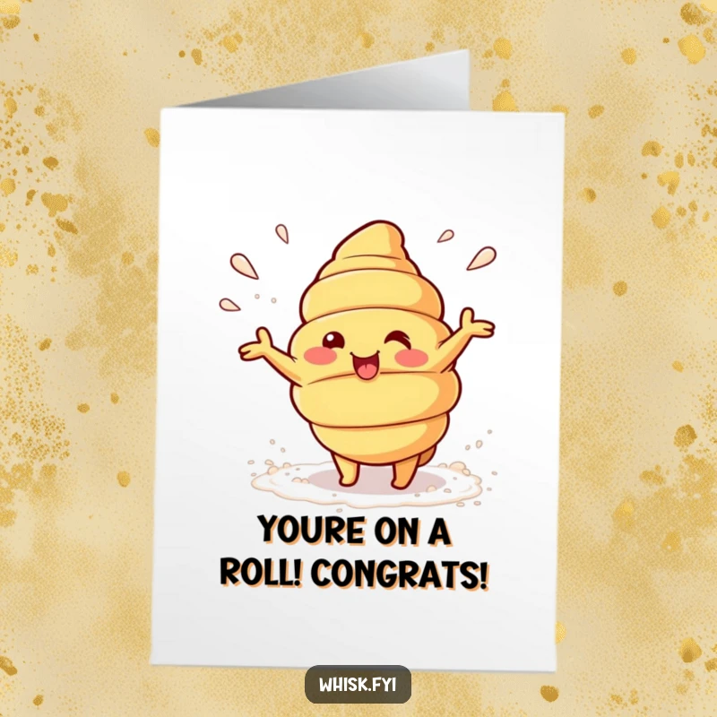 Funny Free Printable Congrats Card Kawaii croissant playfully throwing flour, celebrating a successful bake or achievement.