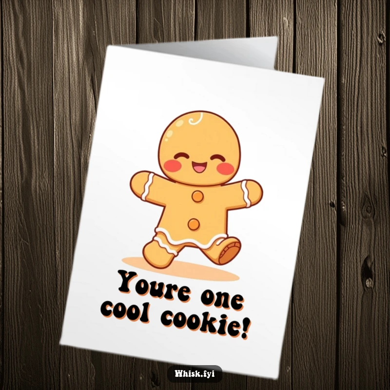 Funny Free Printable Congrats card with a giggling Kawaii gingerbread man character doing a lively happy jig, celebrating a great achievement.