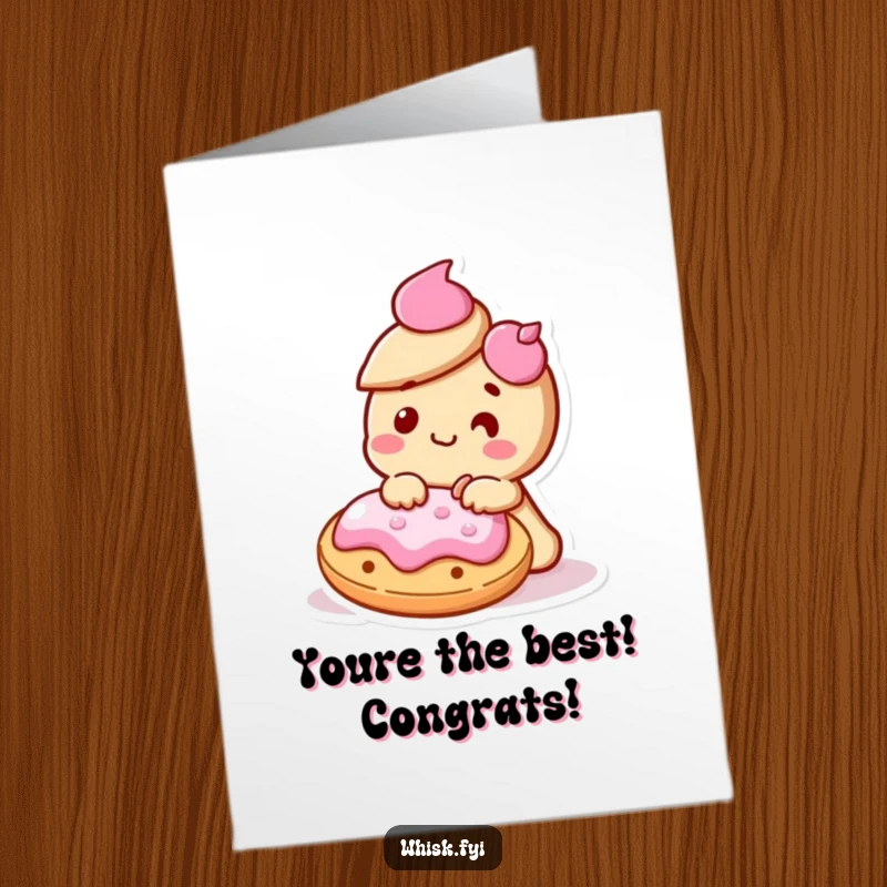 Funny Free Printable Congrats Card Kawaii cookie meticulously decorating another cookie with icing, celebrating success.
