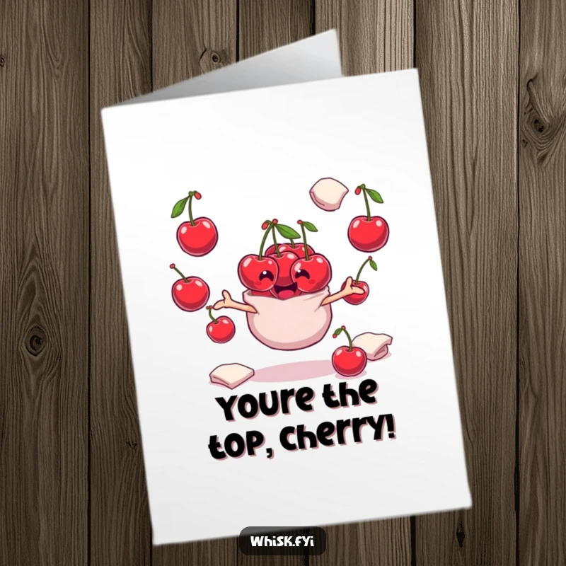 Funny Free Printable playful bunch of cherries juggling flour sacks for a congratulations card, whimsical and humorous downloadable art.